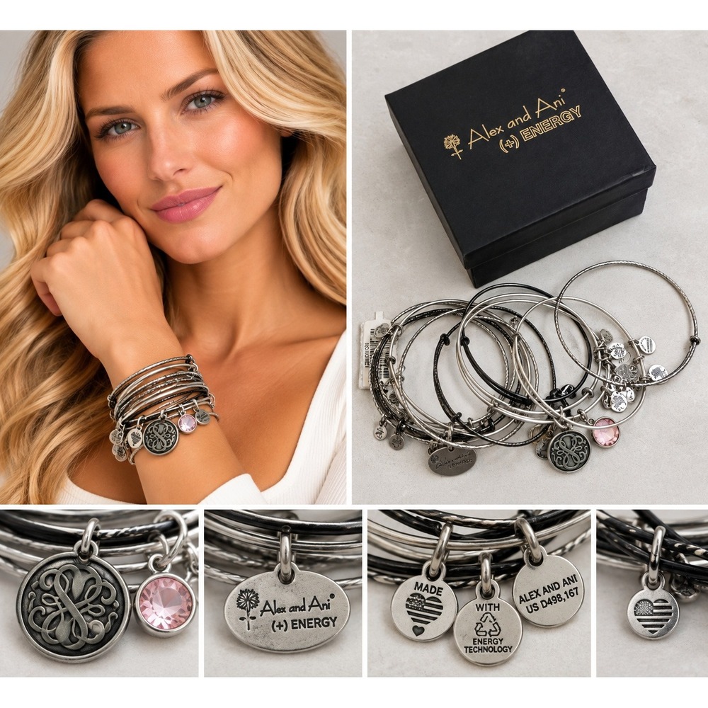 Alex and Ani Bracelet Lot 10pc Silver Black Charm Bangles Stackable Boho Box